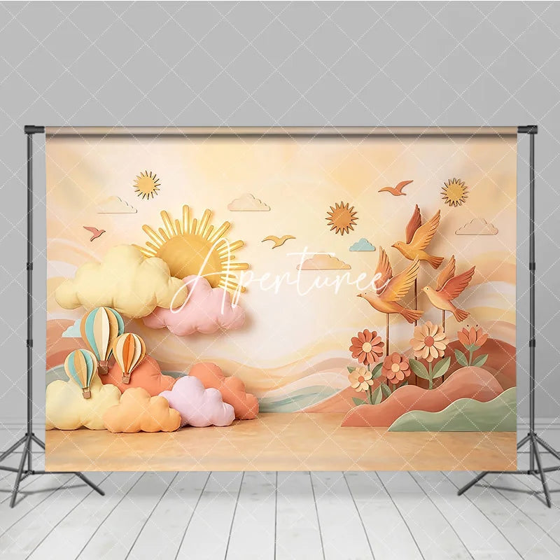 Aperturee - Aperturee Pastel Sun and Clouds Photography Backdrop Whimsical Hot Air Balloons and Birds for Baby Shower Decor
