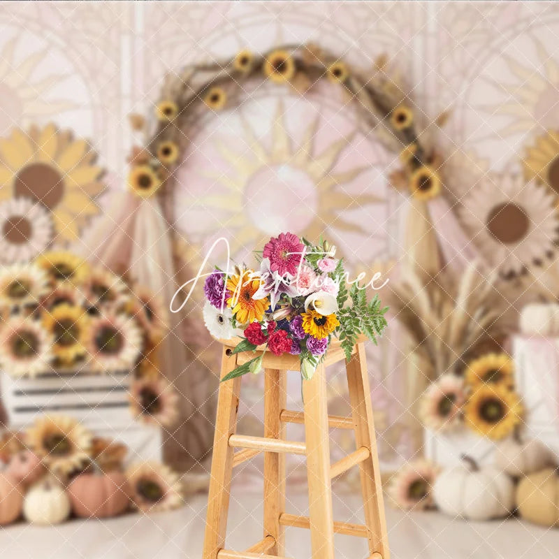 Aperturee - Aperturee Pastel Sunflower Stained Glass Sun Arch Photography Backdrop Rustic Autumn Fall Harvest Party Decor