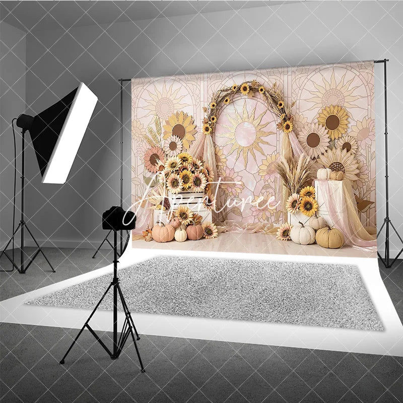 Aperturee - Aperturee Pastel Sunflower Stained Glass Sun Arch Photography Backdrop Rustic Autumn Fall Harvest Party Decor