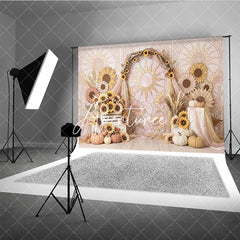 Aperturee - Aperturee Pastel Sunflower Stained Glass Sun Arch Photography Backdrop Rustic Autumn Fall Harvest Party Decor