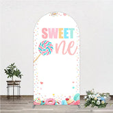 Aperturee - Aperturee Pastel Sweet One Lollipop Macaron Donut Cupcake Round Top Arch Backdrop First Birthday Party Decor