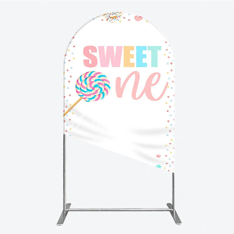 Aperturee - Aperturee Pastel Sweet One Lollipop Macaron Donut Cupcake Round Top Arch Backdrop First Birthday Party Decor