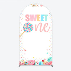 Aperturee - Aperturee Pastel Sweet One Lollipop Macaron Donut Cupcake Round Top Arch Backdrop First Birthday Party Decor