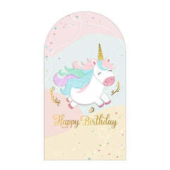 Aperturee - Aperturee Pastel Unicorn Happy Birthday Arch Backdrop Cute Gold Horn Floral Eyelash Girls Princess Party Decoration
