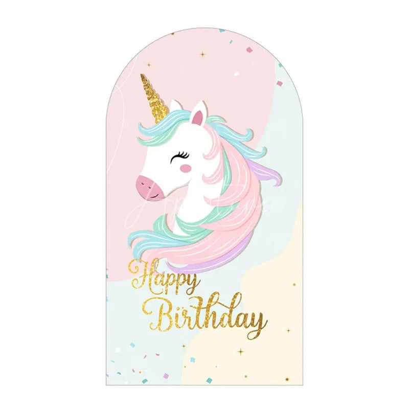 Aperturee - Aperturee Pastel Unicorn Happy Birthday Arch Backdrop Cute Gold Horn Floral Eyelash Girls Princess Party Decoration