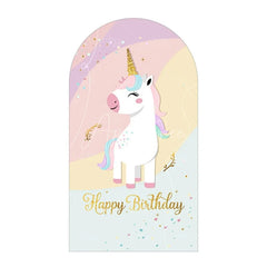 Aperturee - Aperturee Pastel Unicorn Happy Birthday Arch Backdrop Cute Gold Horn Floral Eyelash Girls Princess Party Decoration