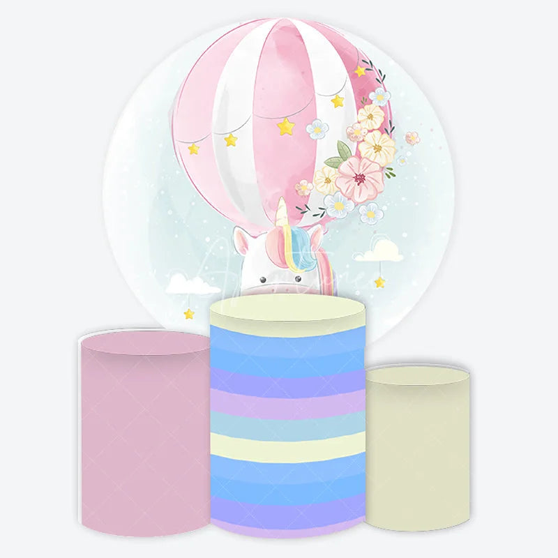 Aperturee - Aperturee Pastel Unicorn Hot Air Balloon Round Backdrop Kit with Flowers and Stars Dreamy Baby Shower Party Decor