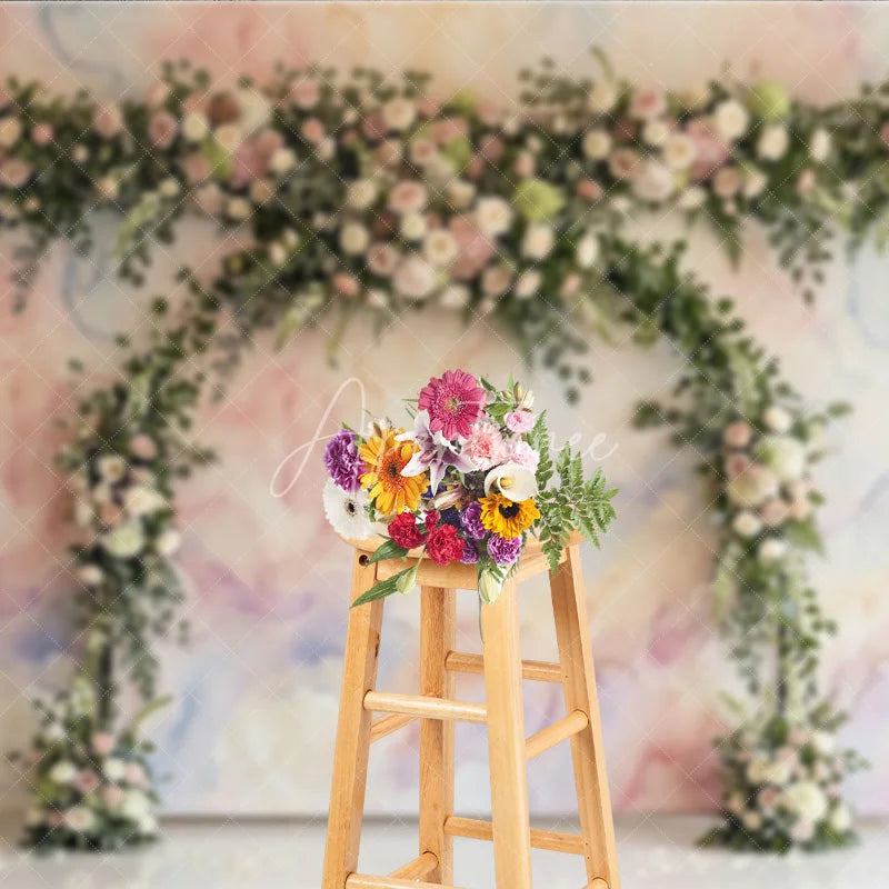 Aperturee - Aperturee Pastel Watercolor Floral Arch Photography Backdrop Elegant Roses and Greenery for Wedding Celebration