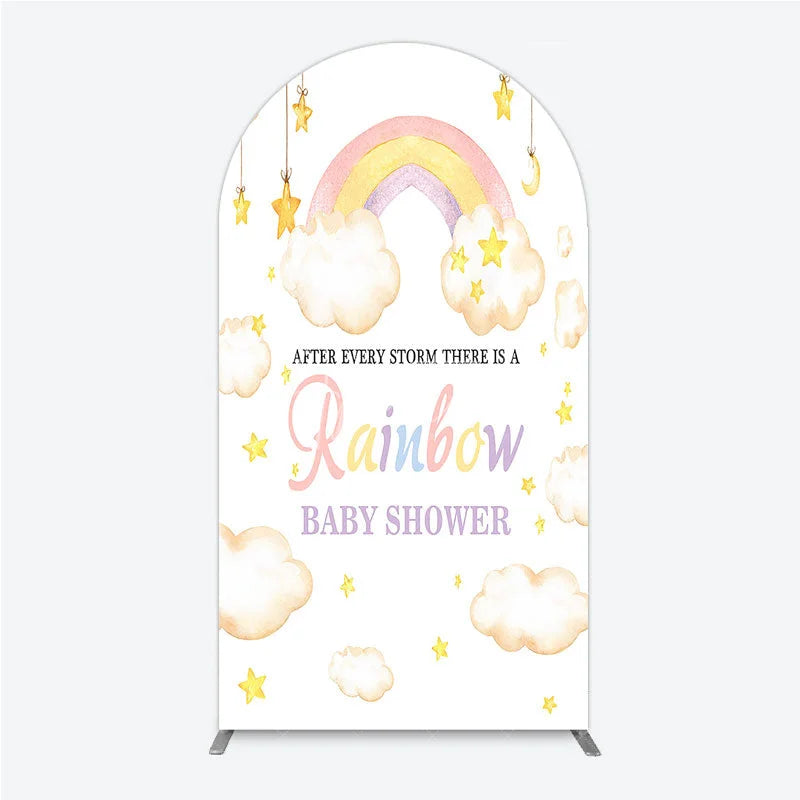 Aperturee - Aperturee Pastel Watercolor Rainbow and Clouds Round Top Arch Backdrop Dreamy Stars Baby Shower Party Decor