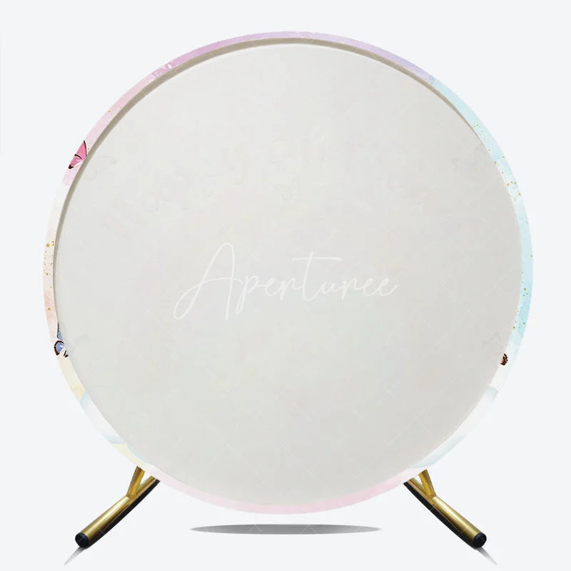 Aperturee - Aperturee Pastel Watercolor Rainbow Happy Birthday Round Backdrop Golden Glitter Butterflies and Clouds Party Decor