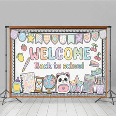 Aperturee - Aperturee Pastel Welcome Back to School Holiday Backdrop with Cute Panda Backpack Globe and Classroom Supplies Decor