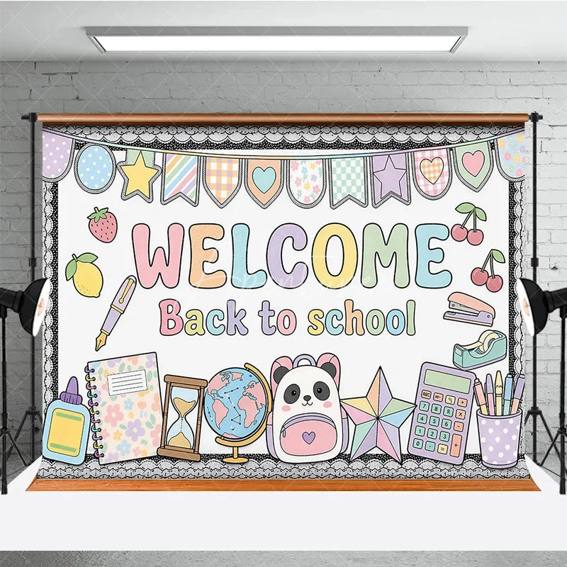 Aperturee - Aperturee Pastel Welcome Back to School Holiday Backdrop with Cute Panda Backpack Globe and Classroom Supplies Decor