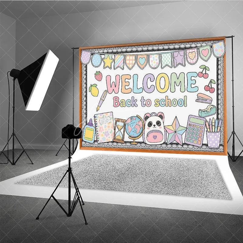 Aperturee - Aperturee Pastel Welcome Back to School Holiday Backdrop with Cute Panda Backpack Globe and Classroom Supplies Decor