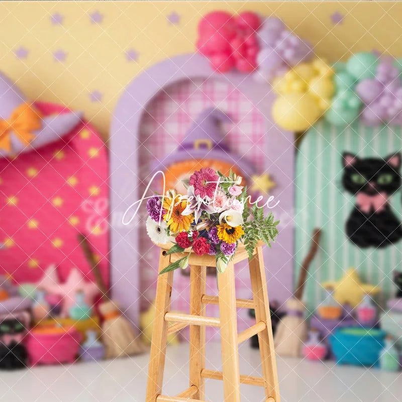 Aperturee - Aperturee Pastel Witch and Black Cat Photography Backdrop with Stars Balloons and Potions for Halloween Party Decor