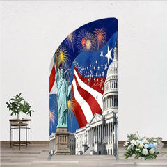 Aperturee - Aperturee Patriotic American Flag Half Moon Arch Backdrop with Statue of Liberty and Capitol Building Festive Celebration Decor
