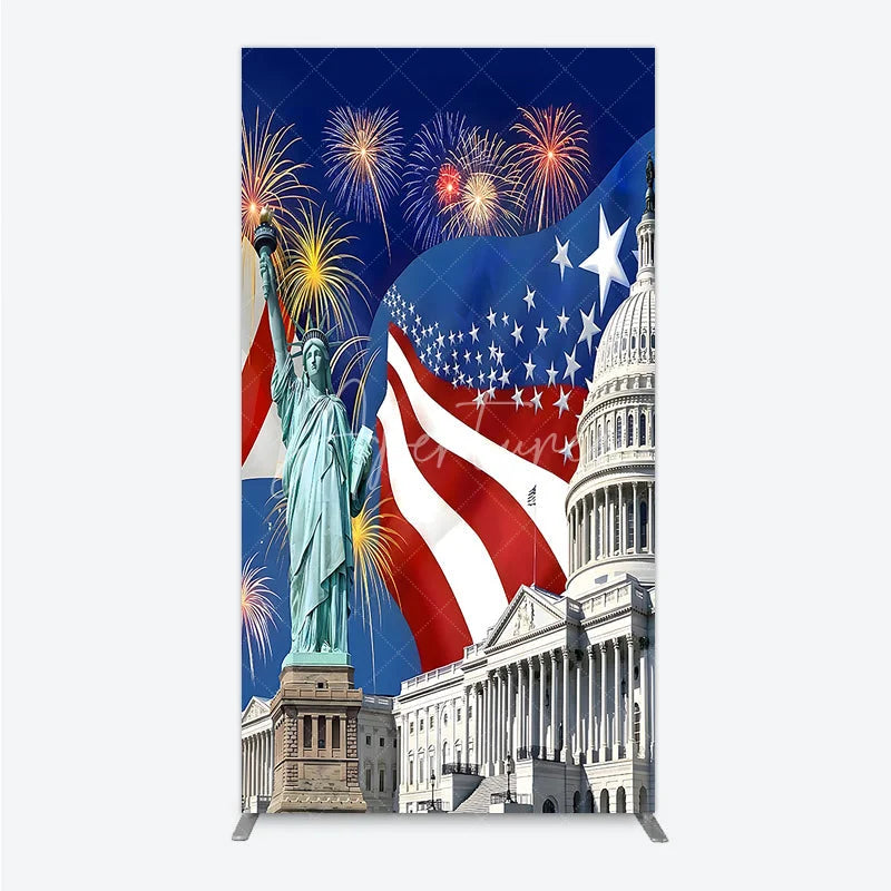 Aperturee - Aperturee Patriotic American Flag Rectangle Arch Backdrop featuring the Statue of Liberty and Capitol Building
