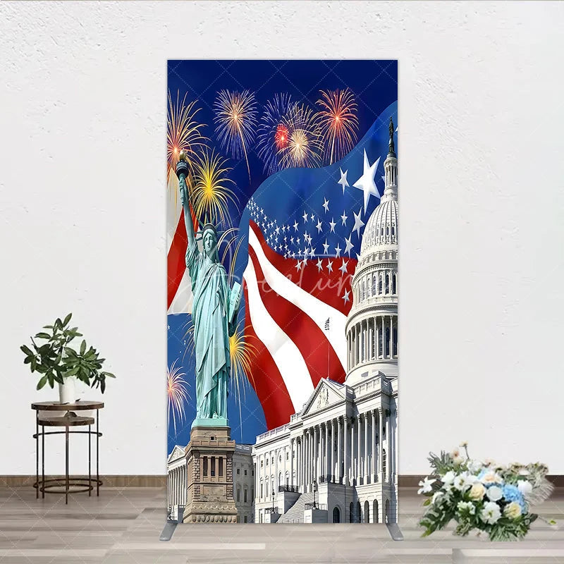 Aperturee - Aperturee Patriotic American Flag Rectangle Arch Backdrop featuring the Statue of Liberty and Capitol Building
