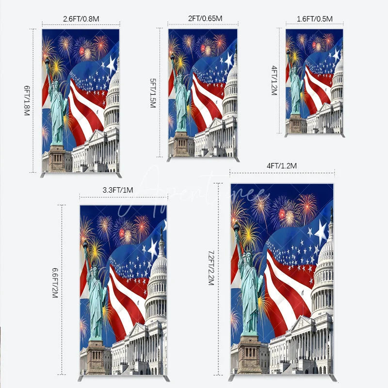 Aperturee - Aperturee Patriotic American Flag Rectangle Arch Backdrop featuring the Statue of Liberty and Capitol Building