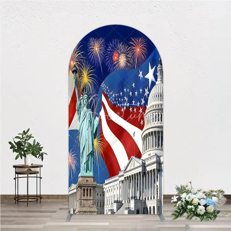 Aperturee - Aperturee Patriotic American Flag Round Top Arch Backdrop with Statue of Liberty and Capitol Sparkling Light Bursts Celebration