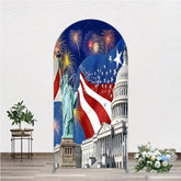 Aperturee - Aperturee Patriotic American Flag Round Top Arch Backdrop with Statue of Liberty and Capitol Sparkling Light Bursts Celebration