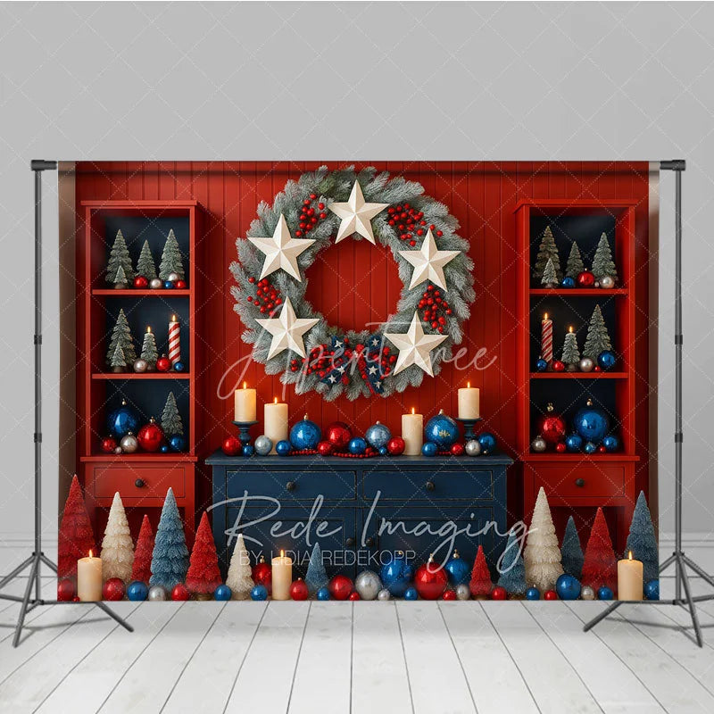 Aperturee - Aperturee Patriotic Christmas Photography Backdrop Red White and Blue Stars and Stripes American Holiday Party Decor