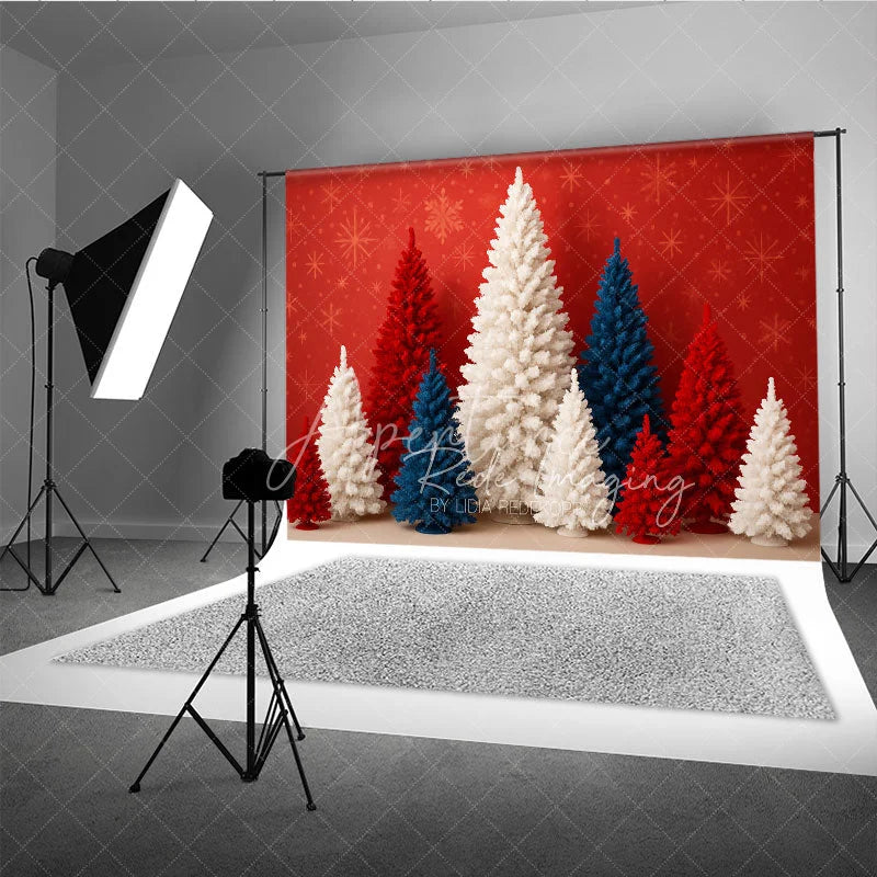 Aperturee - Aperturee Patriotic Christmas Photography Backdrop with Red White and Blue Trees American Holiday Party Decor