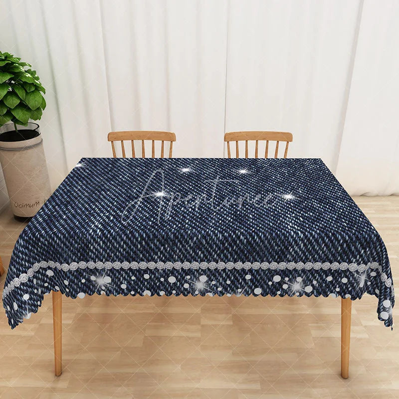 Aperturee - Aperturee Patriotic Denim Stripe Tablecloth with White Stars for 4th of July Memorial Day and BBQ Party Decor