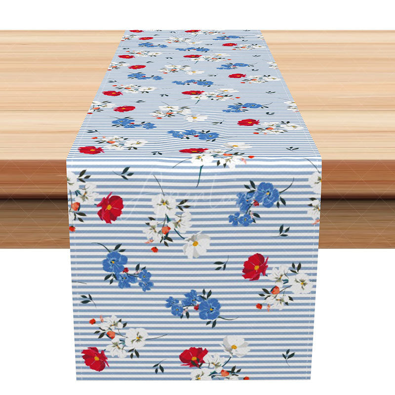 Aperturee - Aperturee Patriotic Floral Table Runner with Red White and Blue Stripes for 4th of July and Summer BBQ Party