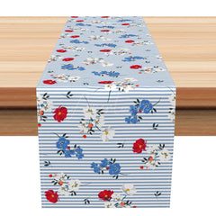 Aperturee - Aperturee Patriotic Floral Table Runner with Red White and Blue Stripes for 4th of July and Summer BBQ Party