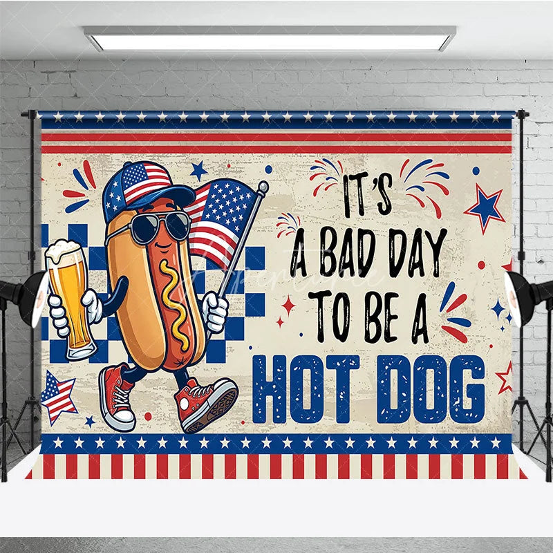 Aperturee - Aperturee Patriotic Hot Dog Character Holiday Backdrop American Flag Beer 4th of July Summer BBQ Party Decor