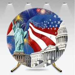Aperturee - Aperturee Patriotic Statue of Liberty and US Capitol Round Backdrop American Flag and Fireworks for Independence Day Celebration
