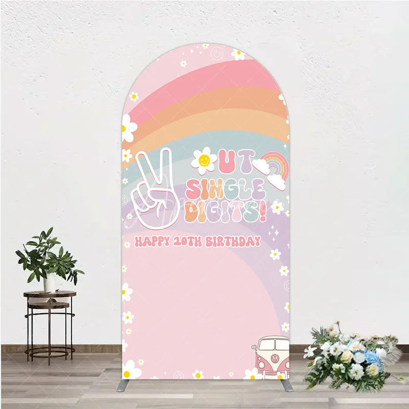 Aperturee - Aperturee Peace Out Single Digits 10th Birthday Arch Backdrop Groovy 70s Retro Theme VW Bus and Rainbow Party Decor