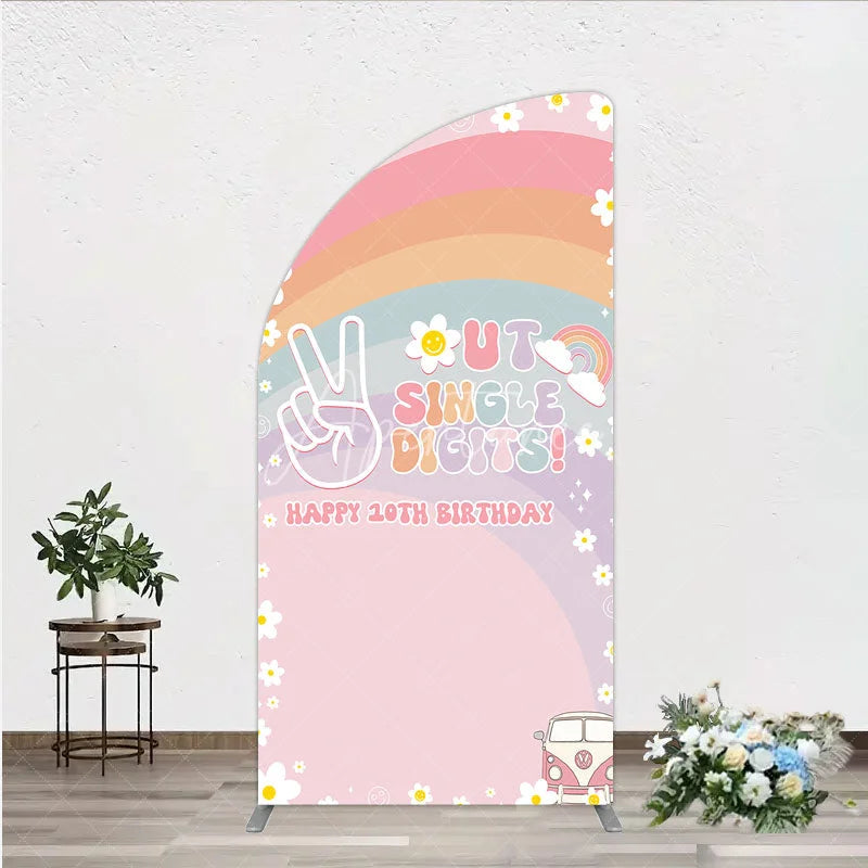 Aperturee - Aperturee Peace Out Single Digits 10th Birthday Half Moon Arch Backdrop Groovy 70s Retro Theme VW Bus and Rainbow Party Decor