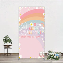 Aperturee - Aperturee Peace Out Single Digits 10th Birthday Rectangle Backdrop Groovy 70s Retro Theme VW Bus and Rainbow Party Decor