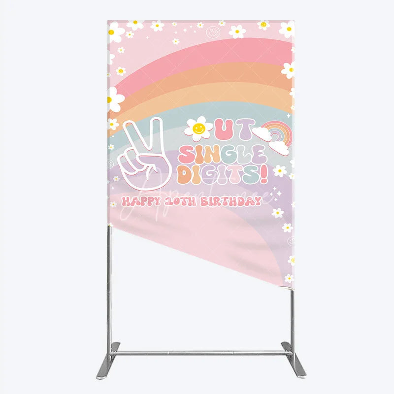 Aperturee - Aperturee Peace Out Single Digits 10th Birthday Rectangle Backdrop Groovy 70s Retro Theme VW Bus and Rainbow Party Decor