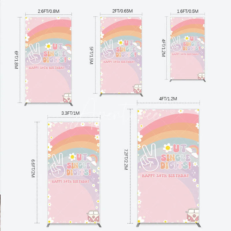 Aperturee - Aperturee Peace Out Single Digits 10th Birthday Rectangle Backdrop Groovy 70s Retro Theme VW Bus and Rainbow Party Decor