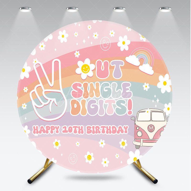 Aperturee - Aperturee Peace Out Single Digits 10th Birthday Round Backdrop Groovy 70s Retro Theme VW Bus and Rainbow Party Decor