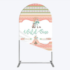 Aperturee - Aperturee Peach and Mint Boho Tribal She’s a Wild One Round Top Arch Backdrop Dreamcatcher Teepee Birthday Party Decor
