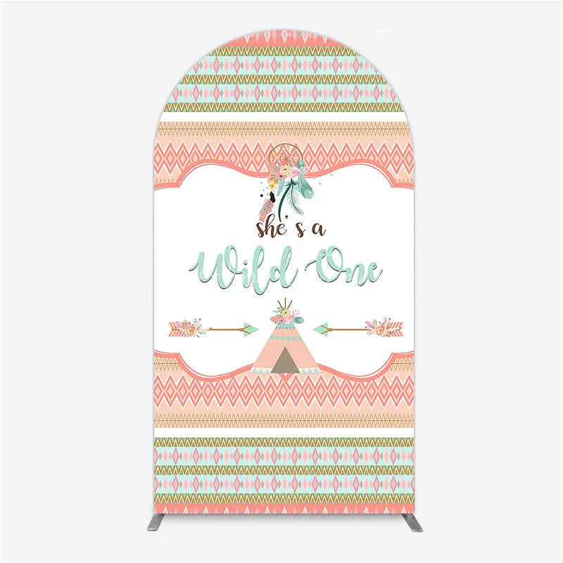 Aperturee - Aperturee Peach and Mint Boho Tribal She’s a Wild One Round Top Arch Backdrop Dreamcatcher Teepee Birthday Party Decor