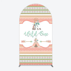 Aperturee - Aperturee Peach and Mint Boho Tribal She’s a Wild One Round Top Arch Backdrop Dreamcatcher Teepee Birthday Party Decor