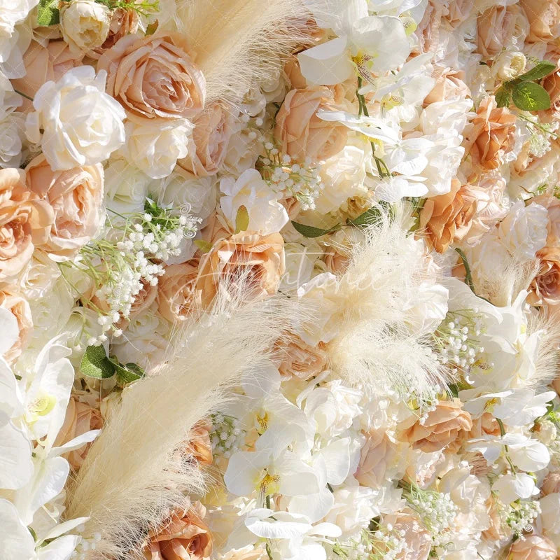 Aperturee - Aperturee Peach and White Roses Artificial Flower Wall with Pampas Grass Elegant Wedding and Party Decor