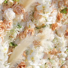 Aperturee - Aperturee Peach and White Roses Artificial Flower Wall with Pampas Grass Elegant Wedding and Party Decor