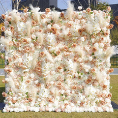 Aperturee - Aperturee Peach and White Roses Artificial Flower Wall with Pampas Grass Elegant Wedding and Party Decor