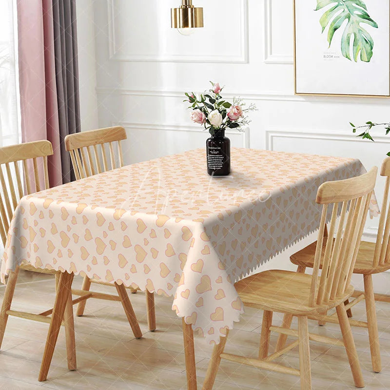 Aperturee - Aperturee Peach Heart Pattern Rectangle Tablecloth Cute Love Heart Design Valentine Anniversary Dining Room Decor