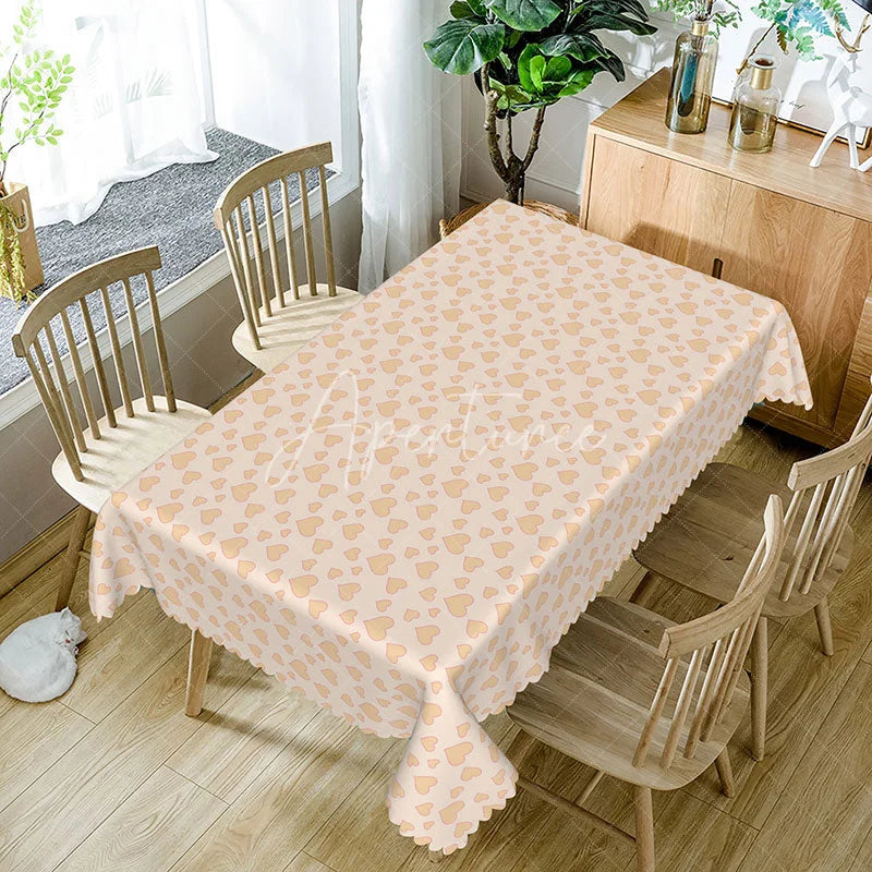 Aperturee - Aperturee Peach Heart Pattern Rectangle Tablecloth Cute Love Heart Design Valentine Anniversary Dining Room Decor