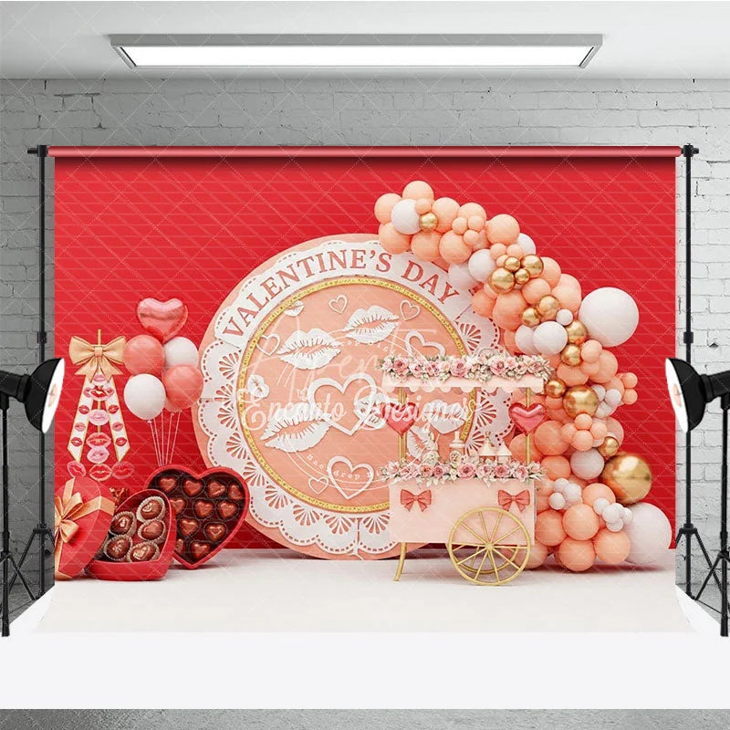 Aperturee - Aperturee Peach Valentine Day Cart Backdrop Kiss Lips Lace Circle Flower Stand Background Sweet Love Photography Prop