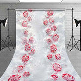 Aperturee - Aperturee Peppermint Candy Path Sweep Backdrop Red White Swirls Snowy Ground Top View Floor Photo Background