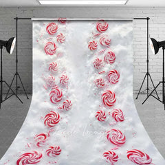 Aperturee - Aperturee Peppermint Candy Path Sweep Backdrop Red White Swirls Snowy Ground Top View Floor Photo Background
