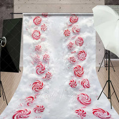 Aperturee - Aperturee Peppermint Candy Path Sweep Backdrop Red White Swirls Snowy Ground Top View Floor Photo Background