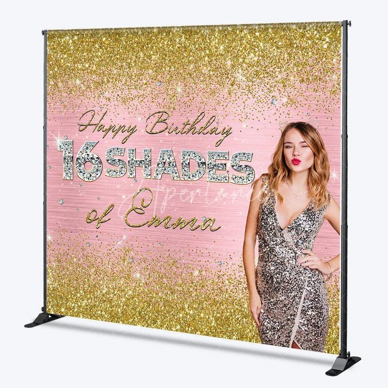 Aperturee - Aperturee Personalized 16 Shades 16th Birthday Backdrop Custom Name Gold Glitter and Pink Glam Party Banner